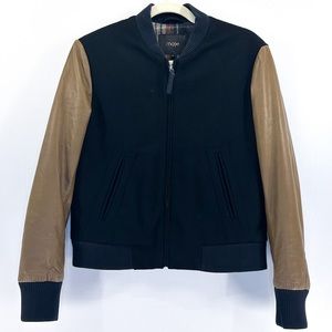 Maje Black Wool Brown Leather Bomber Jacket